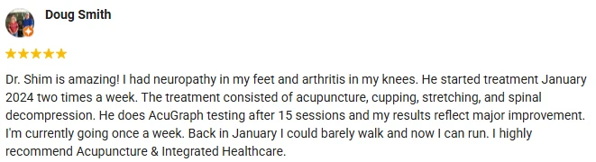 Acupuncture Flower Mound TX Testimonial Doug A 5-star Google Review of Acupuncture & Integrated Healthcare praising acupuncture, cupping, and decompression