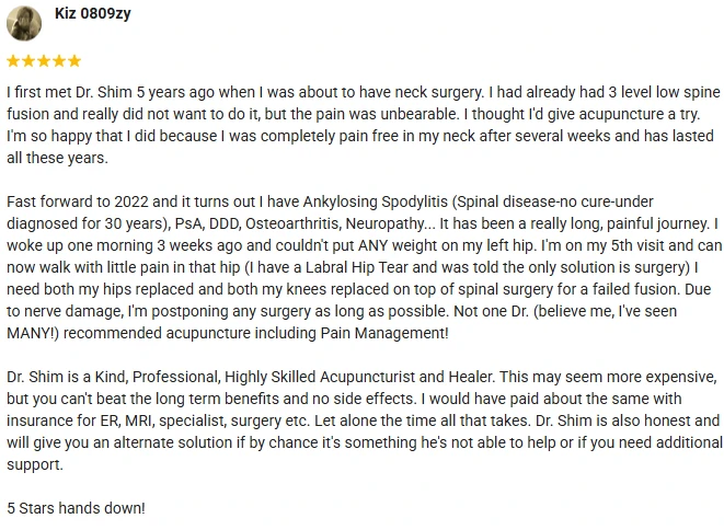 Acupuncture Flower Mound TX Testimonial Kiz A 5-star Google Review of Acupuncture & Integrated Healthcare praising Dr. Shim as a kind, professional, and skilled healer