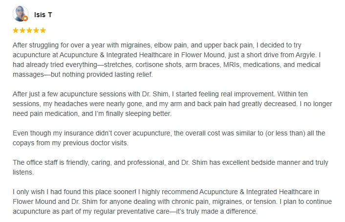 A glowing patient review for Acupuncture & Integrated Healthcare
